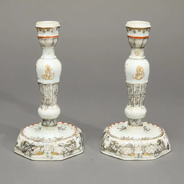 Pair Initialed Grisaille & Gilt Candlesticks