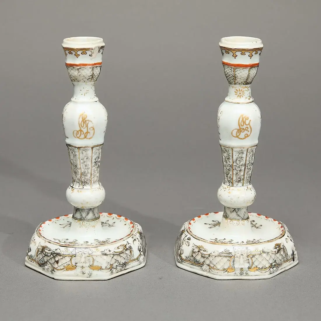 Pair Initialed Grisaille & Gilt Candlesticks