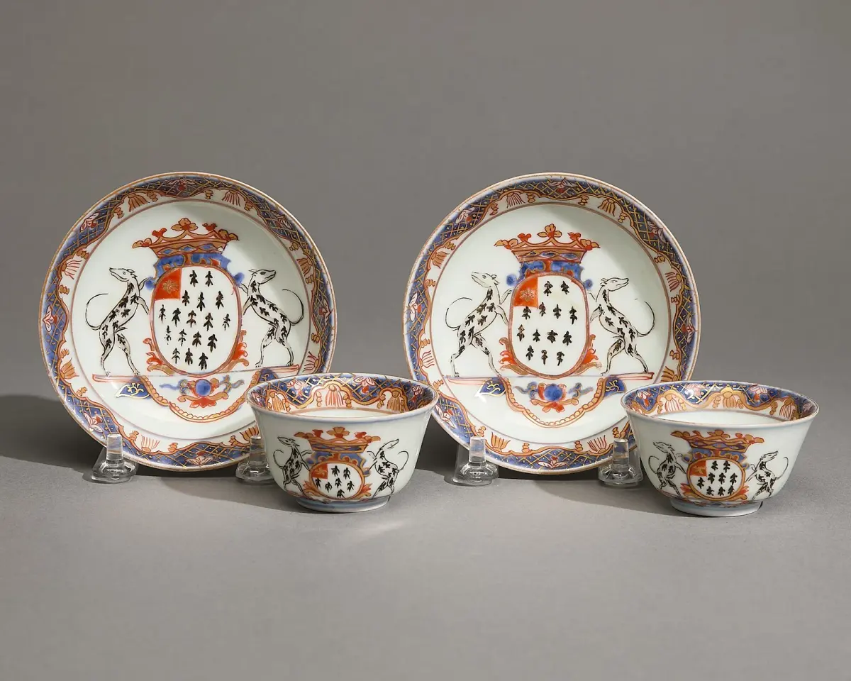 Rare Pr Japanese Export Armorial Cups & Saucers