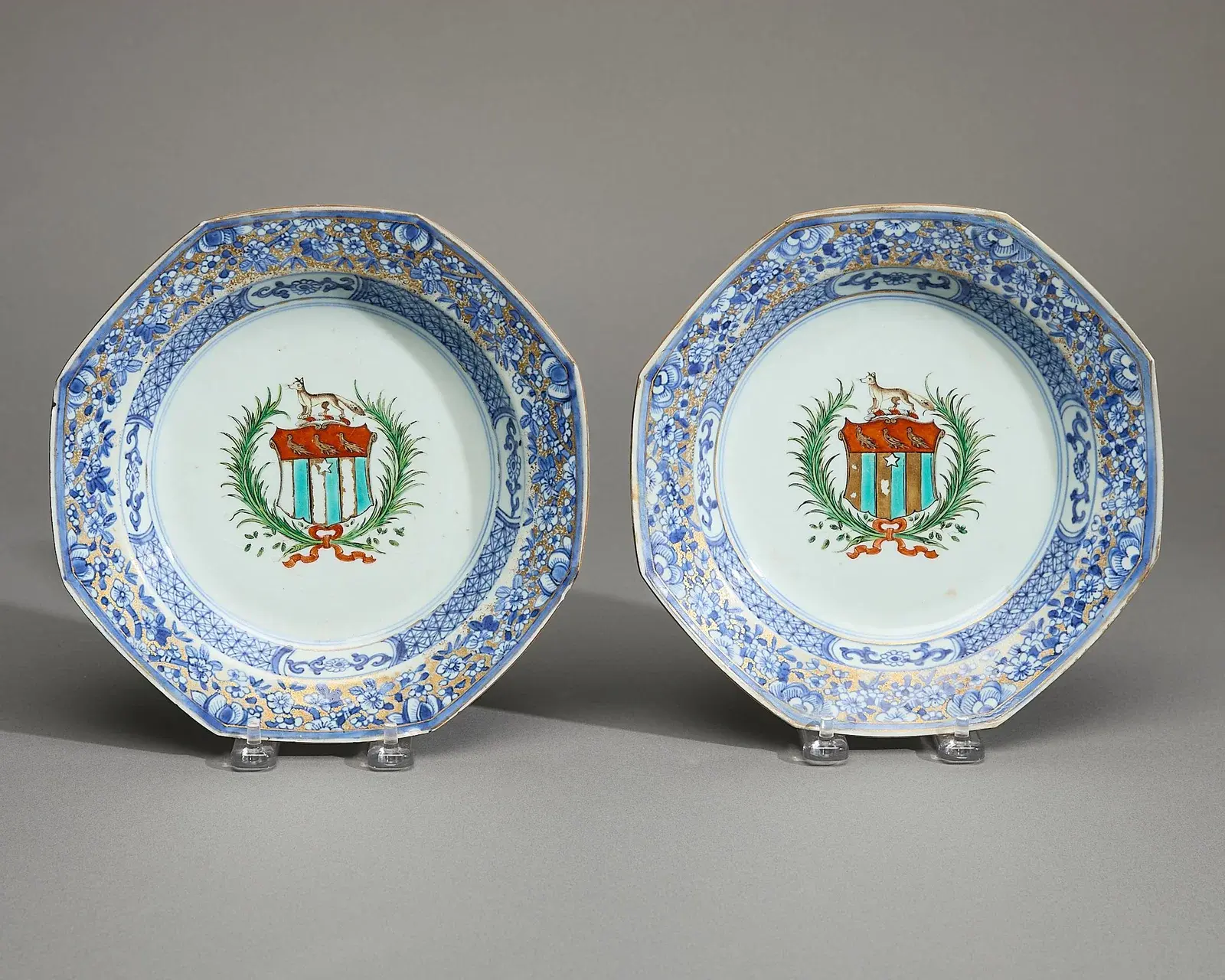 Pair Export Octagonal Armorial Plates - Marten