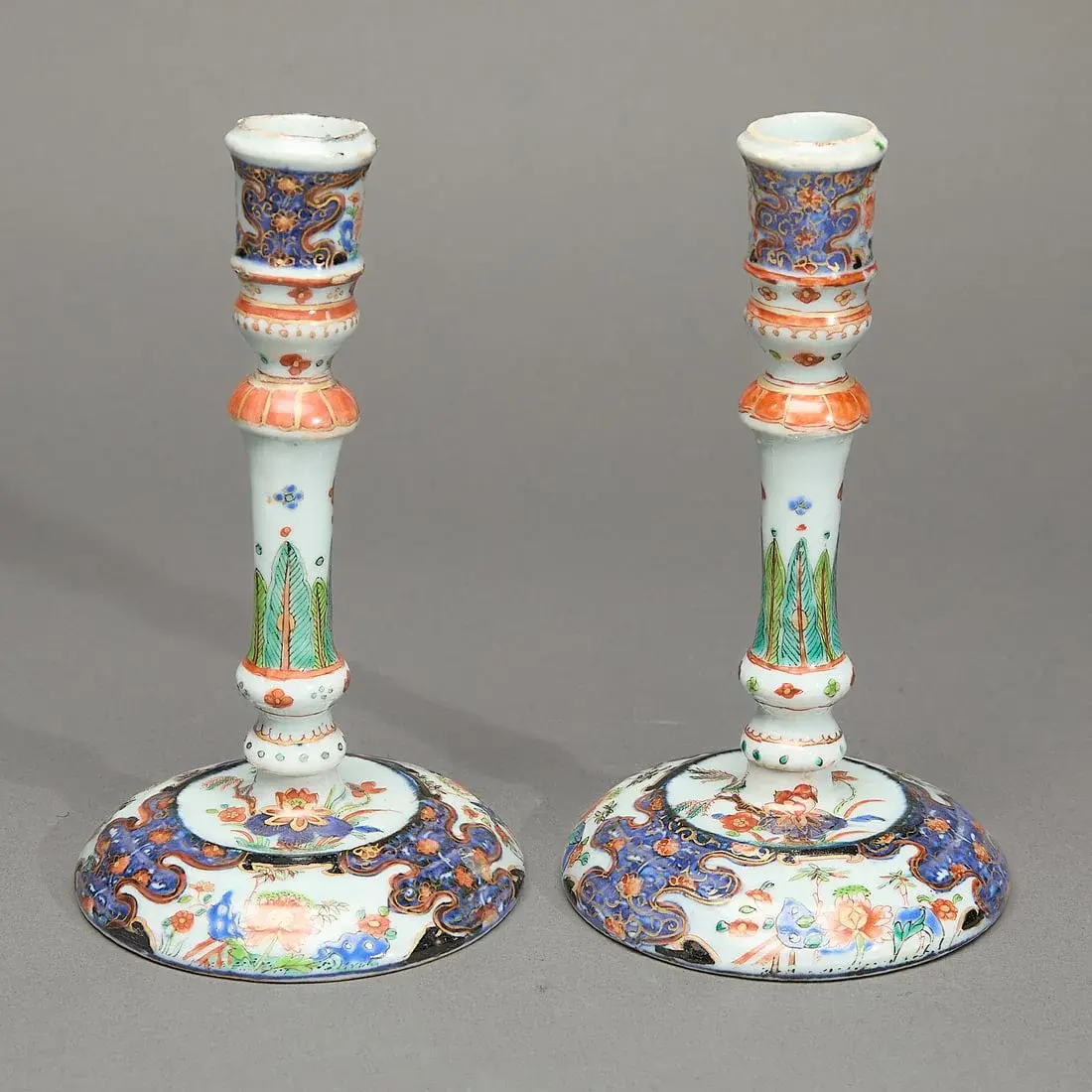 Pair Chinese Export Verte Imari Candlesticks