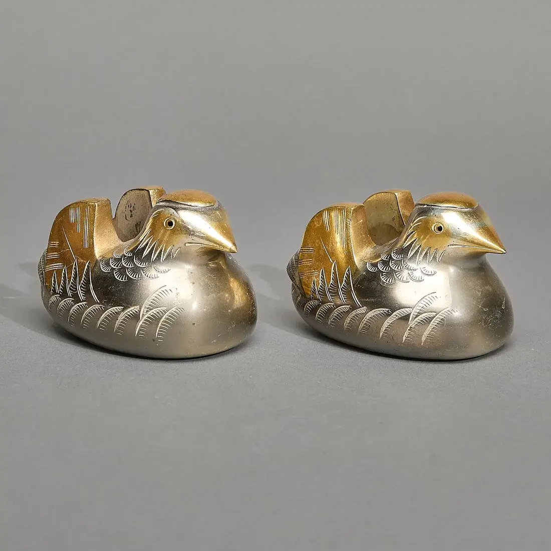 Pr Japanese Bronze Mandarin Duck Screen Holders