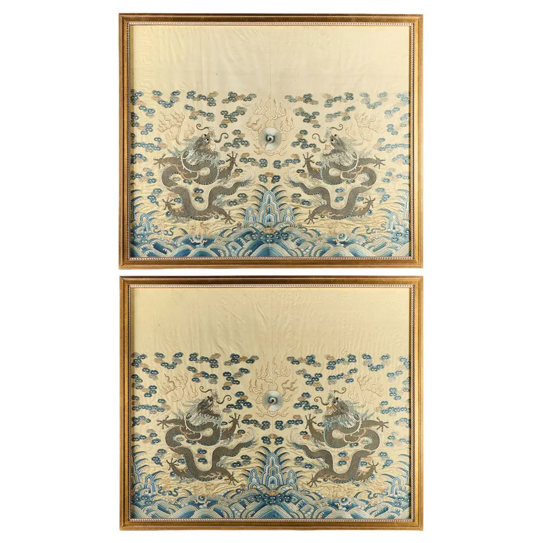 Pr Chinese Qing Dragons Silk Embroidered Panels