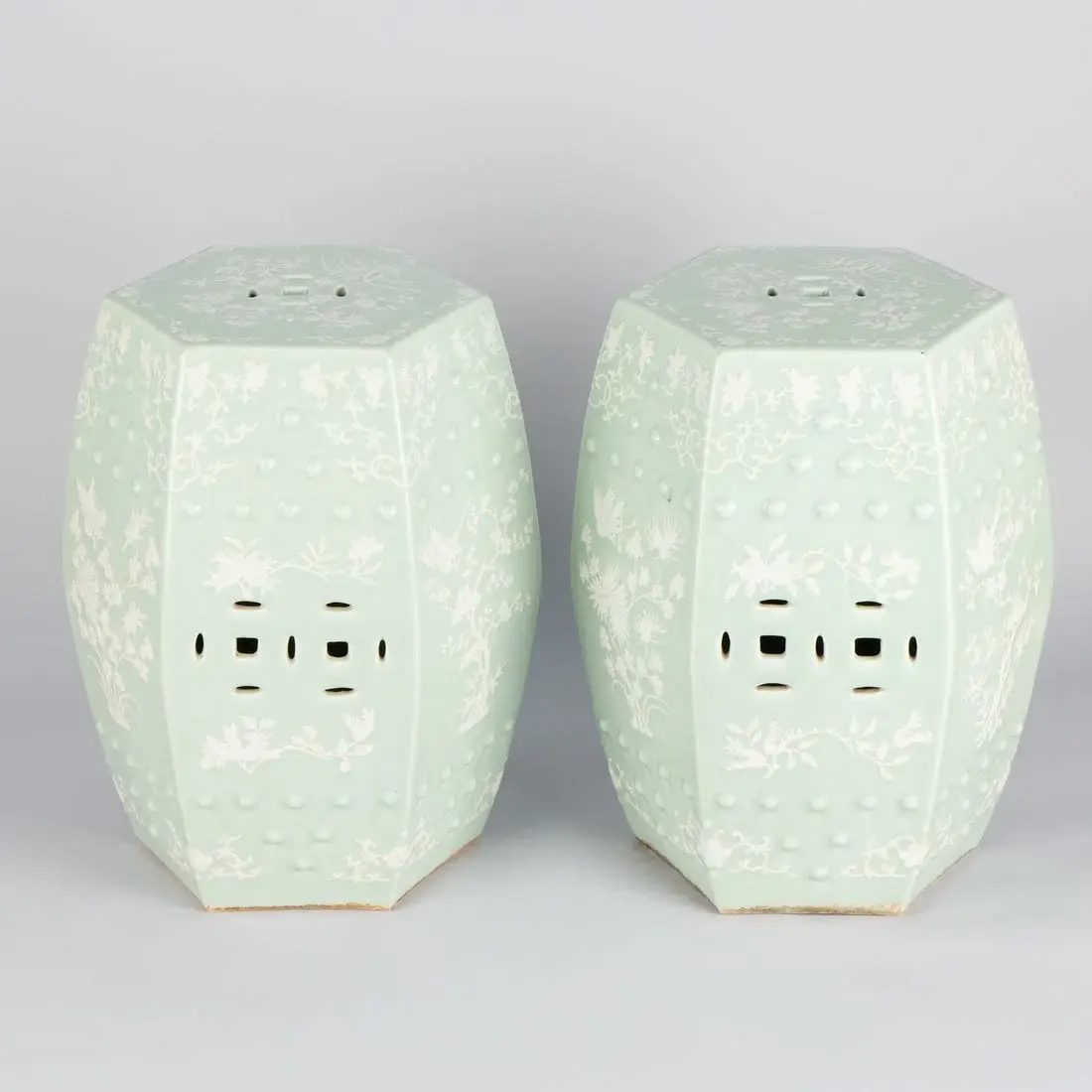 Pr Chinese Porcelain Celadon Glazed Garden Stools