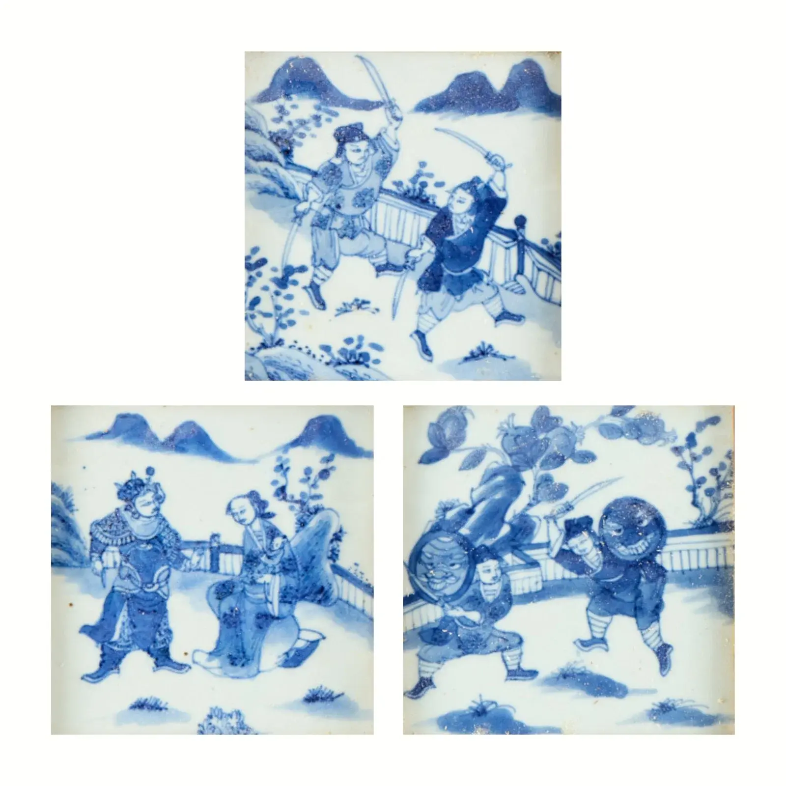 3 Chinese Qing Blue & White Porcelain Plaques