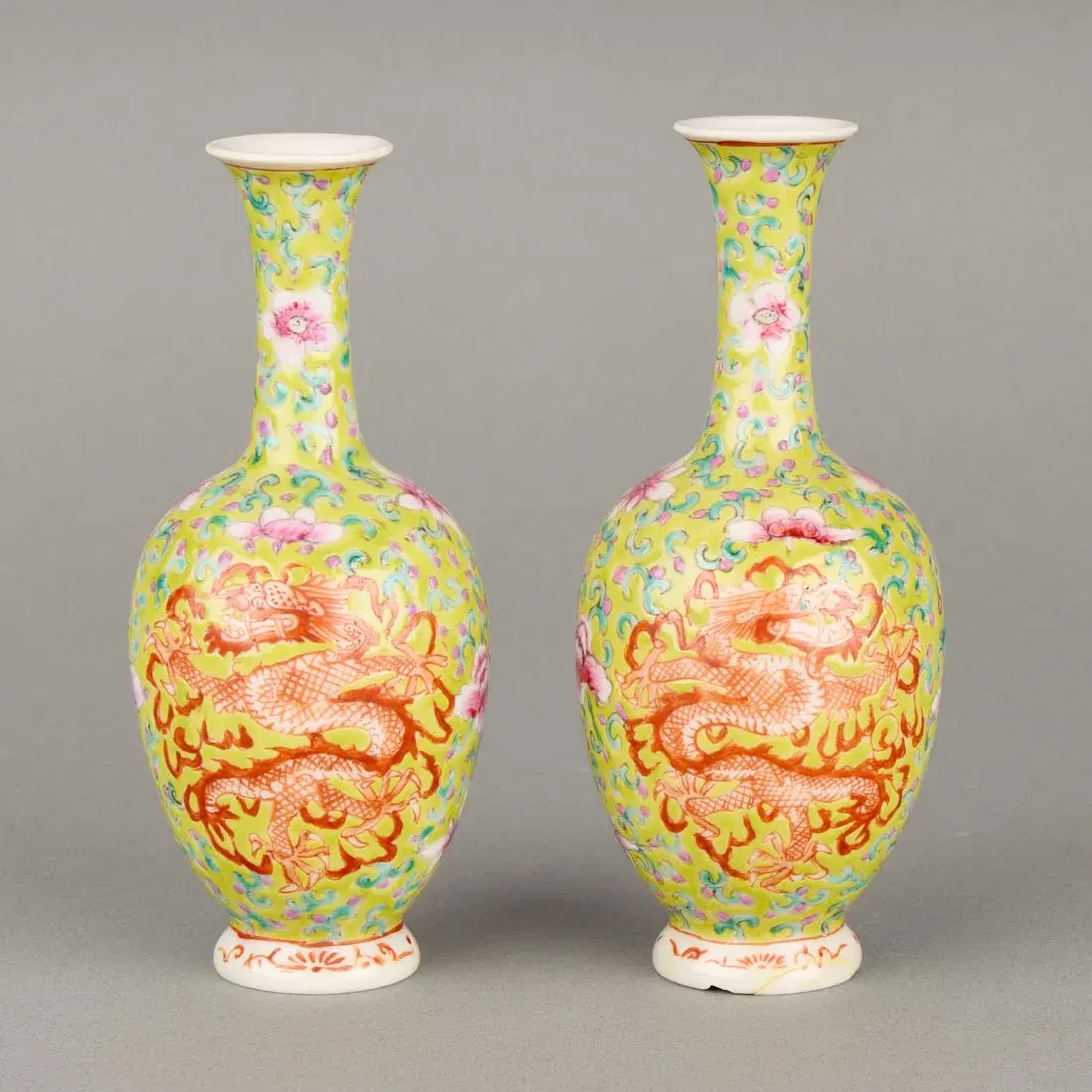 Pr Chinese PRC Yellow Famille Rose Porcelain Vases
