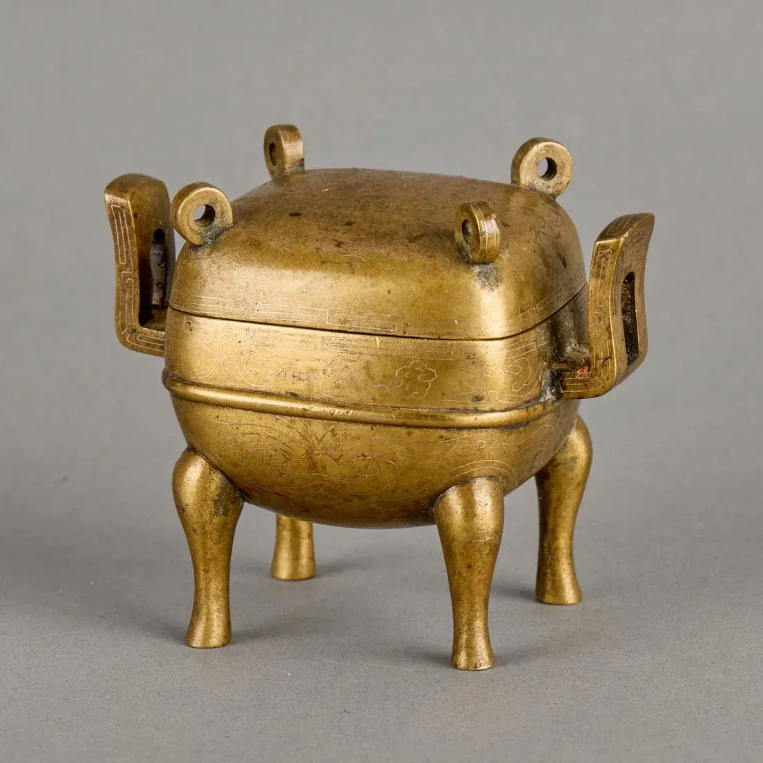 Chinese Qing Archaistic Gilt Bronze Ding Censer