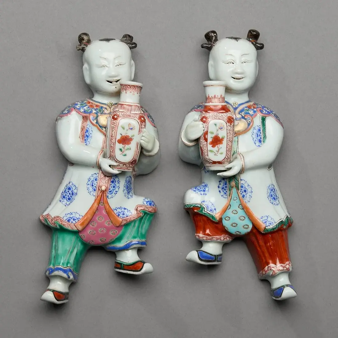 Pair Famille Rose Boy Wall Pockets
