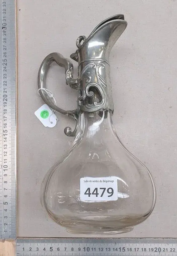 Antique glass and silver plated metal carafe - See photos for dimensions