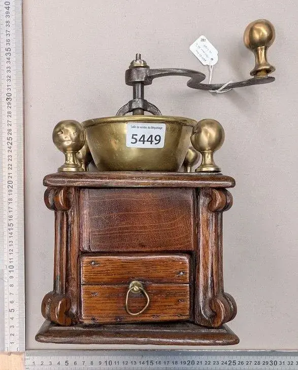 Antique 18th-century coffee grinder—see photos for dimensions and condition