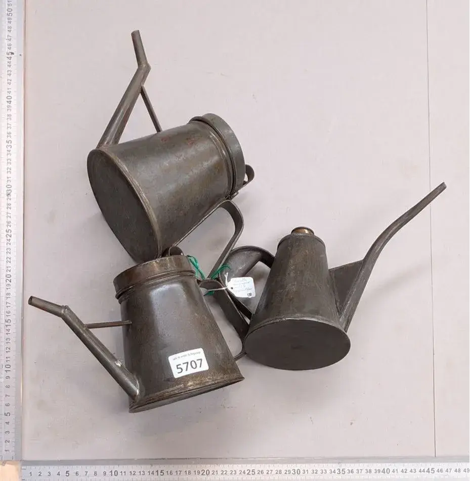 3 antique metal measuring cups—see photos for dimensions and condition