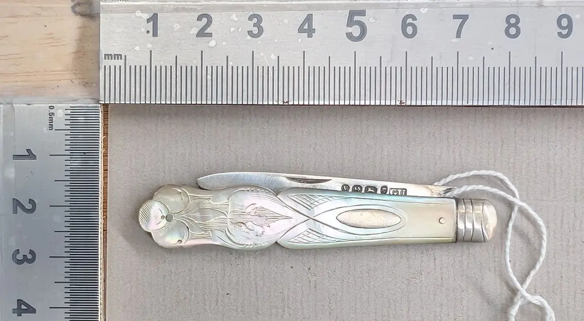1 antique fruit knife with a silver blade and mother-of-pearl handle—see