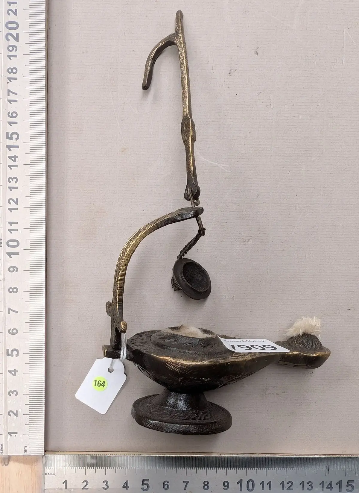 Antique small bronze oil lamp—see photos for dimensions and condition