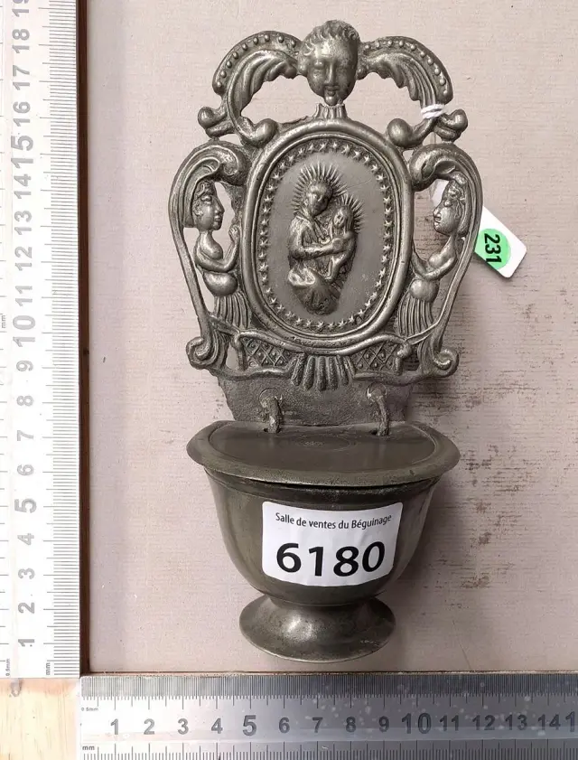 1 18th-century pewter holy water font—see photos for dimensions and condition
