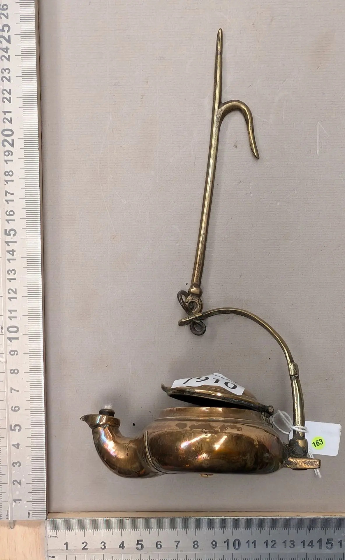 Antique small bronze oil lamp—see photos for dimensions and condition