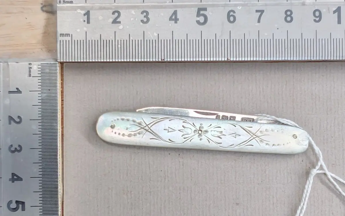 1 antique fruit knife with a silver blade and mother-of-pearl handle—see