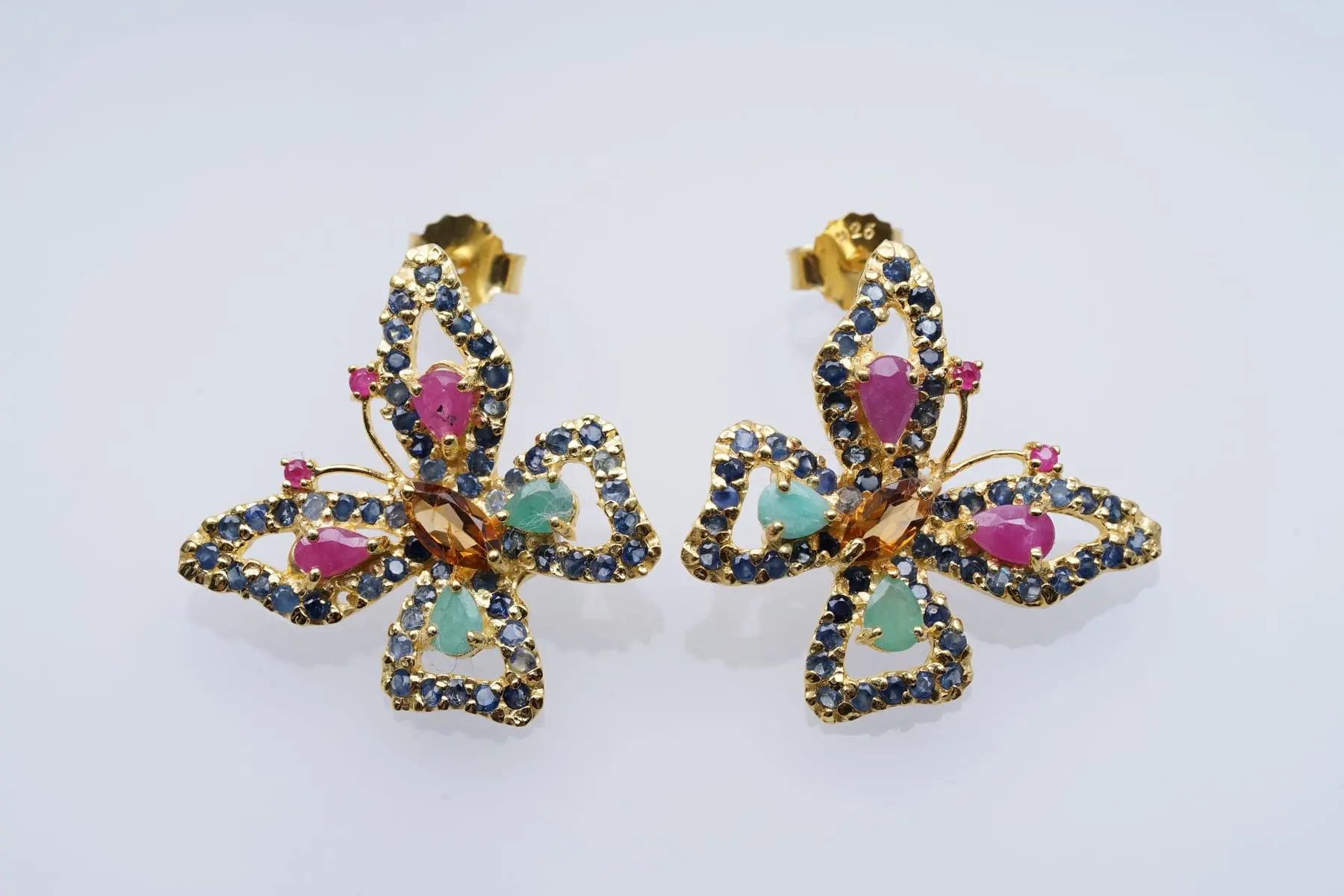 (3491) EARRINGS yellow SILVER 925 / 1000 " butterfly " SAPPHIRES EMERALDS