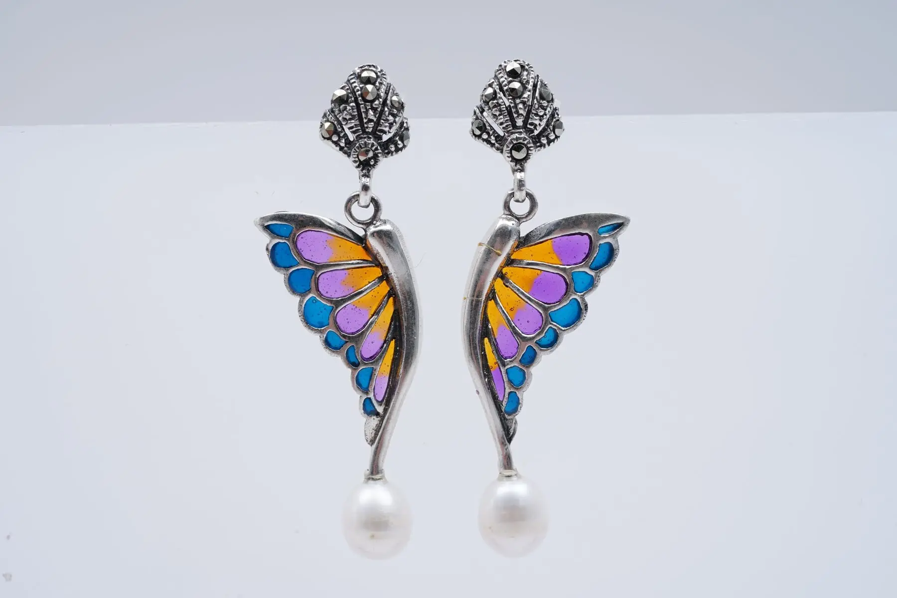 (3445) EARRINGS SILVER 925 / 1000 " butterfly " MARCASSITES ENAMEL