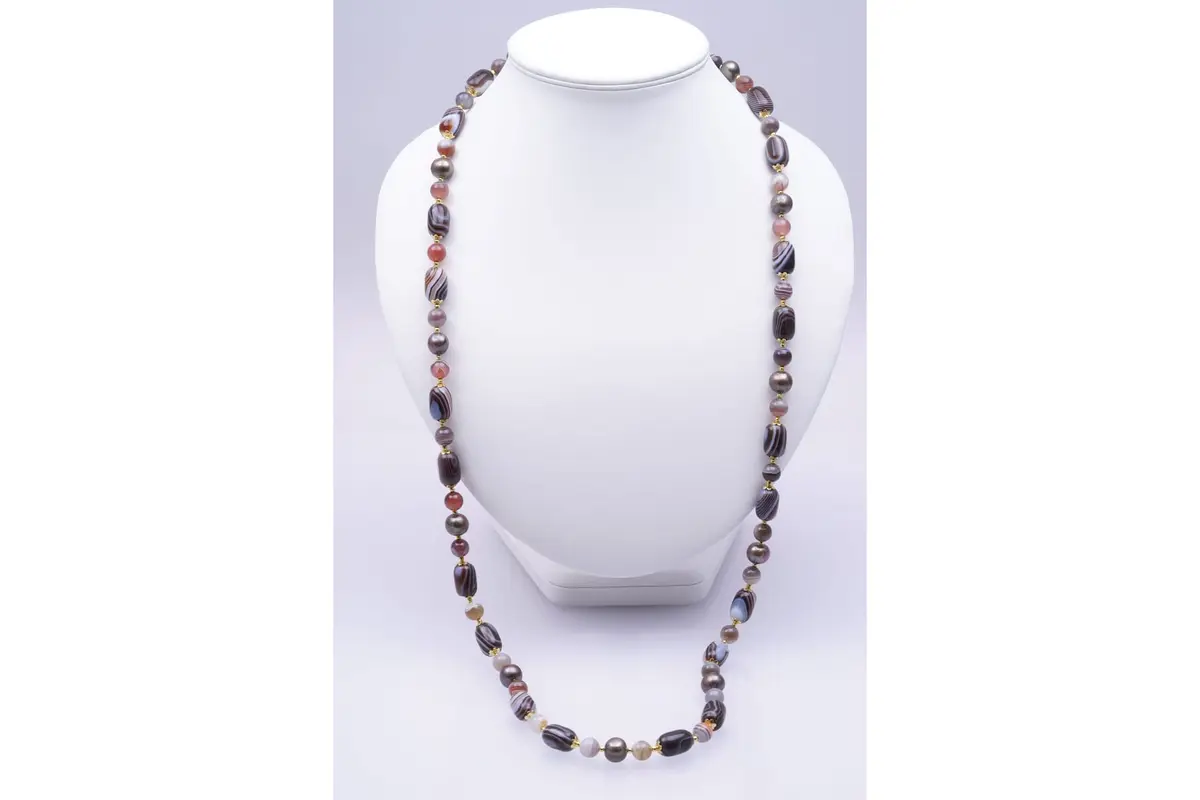 NECLACE yellow SILVER 925/1000 grey PEARLS baroque AGATE OBSIDIENNE (2885)