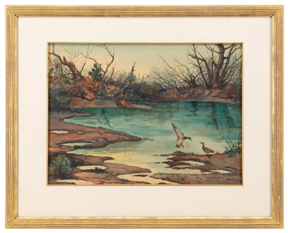 WILLIAM SCHALDACH "POND WITH DUCKS" WATERCOLOR ON PAPER