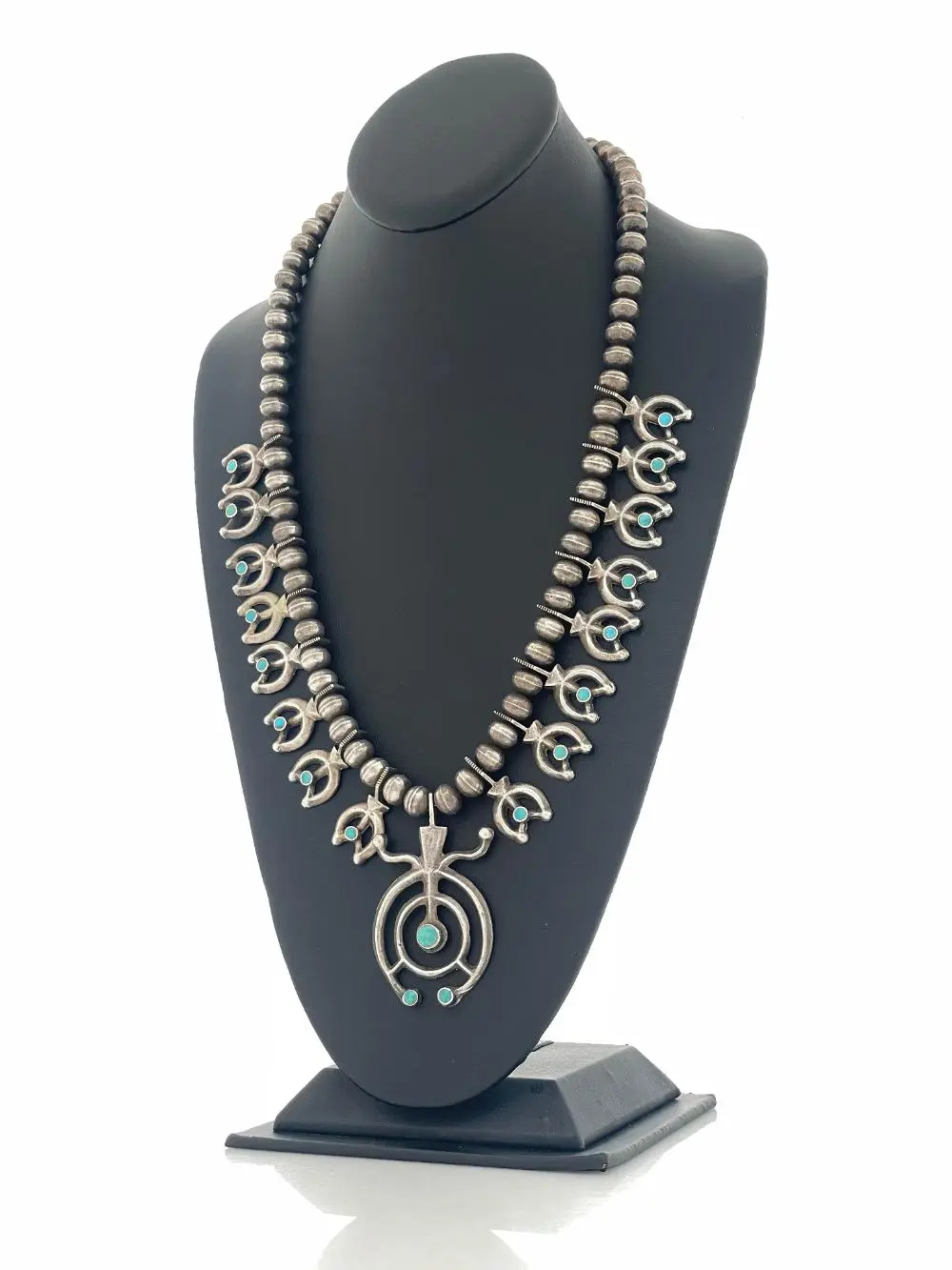 NAVAJO STERLING SILVER TURQUOISE SQUASH BLOSSOM NECKLACE