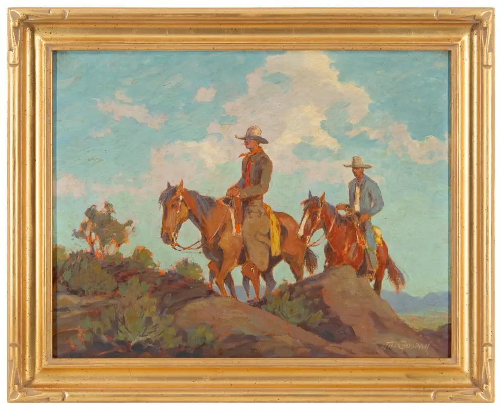 TILLMAN GOODAN "RANGE RIDERS" OIL ON BOARD