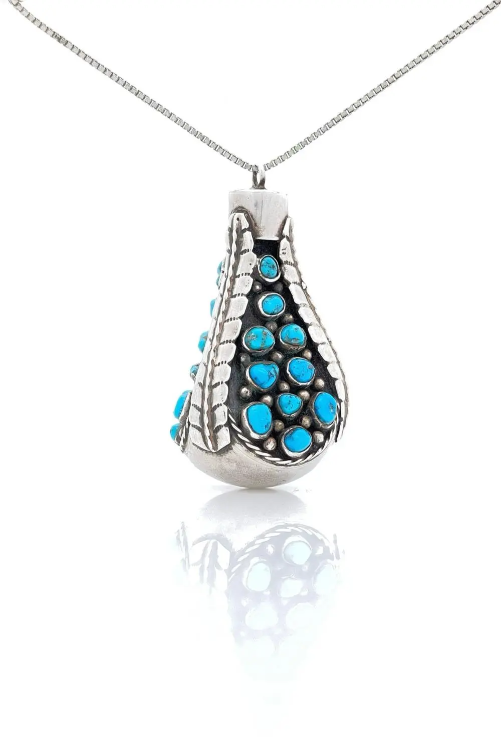 NATIVE AMERICAN STERLING SILVER TURQUOISE GOURD PENDANT NECKLACE