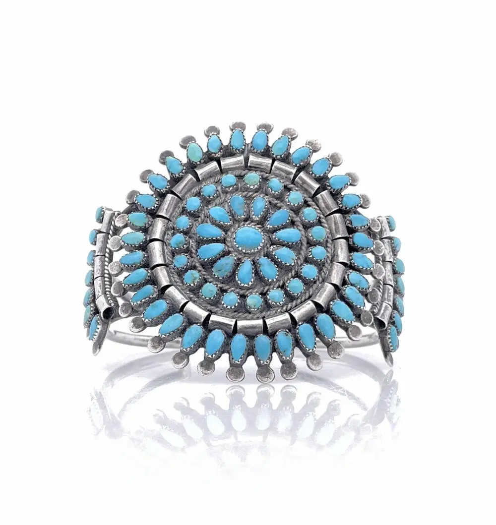 NATIVE AMERICAN STERLING SILVER TURQUOISE CLUSTER CUFF