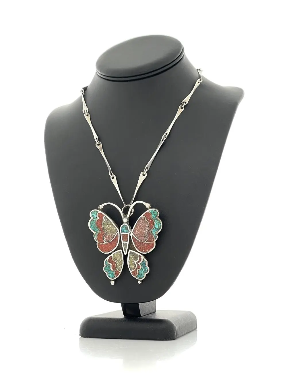 NATIVE AMERICAN STERLING SILVER MULTI STONE MOSAIC INLAY BUTTERFLY