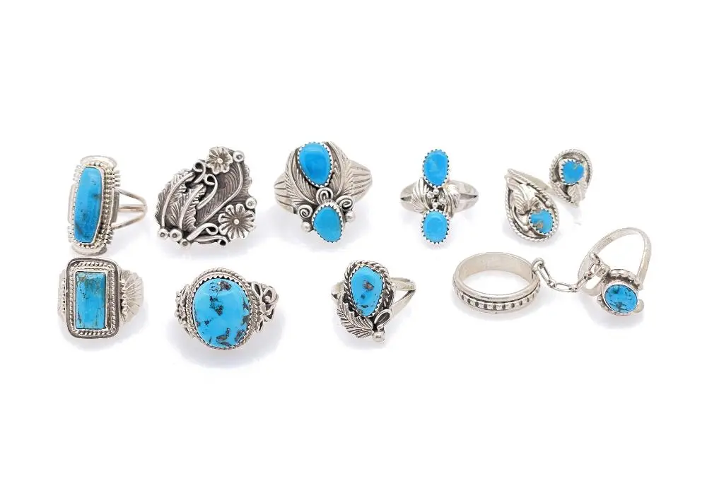 LOT OF 9 ASSORTED RUNNING BEAR NATIVE AMERICAN STERLING SILVER TURQUOISE RINGS