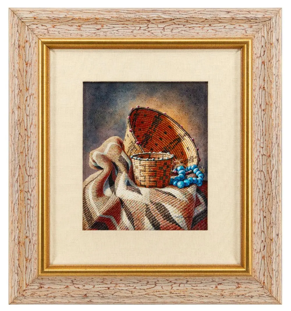 CAROL HAMILTON "PIMA PICTORIAL & BEADS" WATERCOLOR ON BOARD