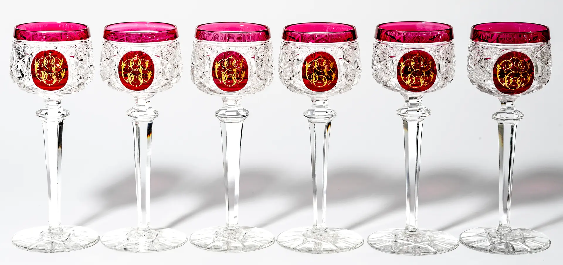 Lot 98: (19) SET OF 6 MONOGRAMMED WINE GLASSES