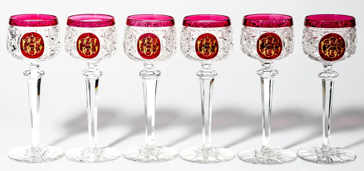 Lot 98: (19) SET OF 6 MONOGRAMMED WINE GLASSES