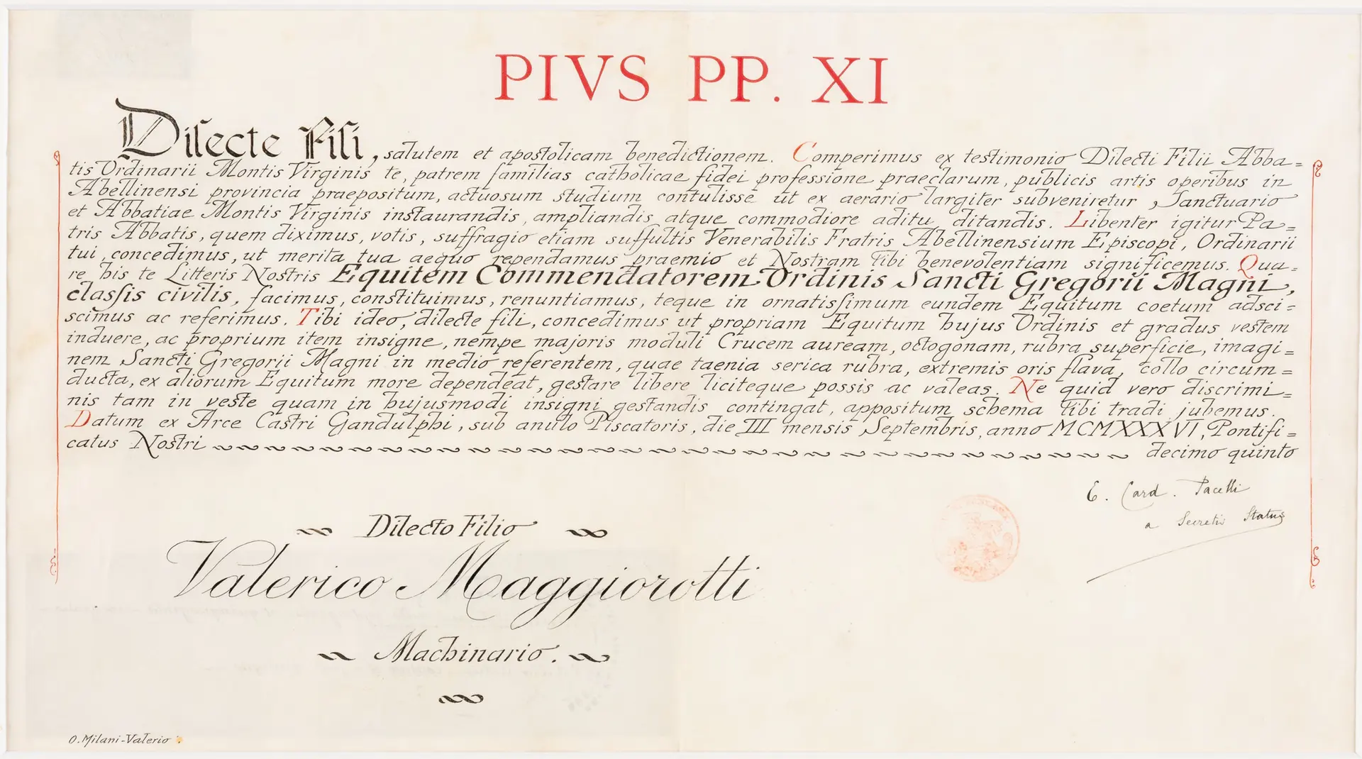 Lot 408: DOCUMENT IN THE NAME OF POPE PIUS XI, SIGNED BY EUGENIO PACELLI