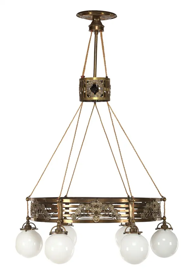 Art Nouveau koperen 6-lichts hanglamp met witte glazen bollen