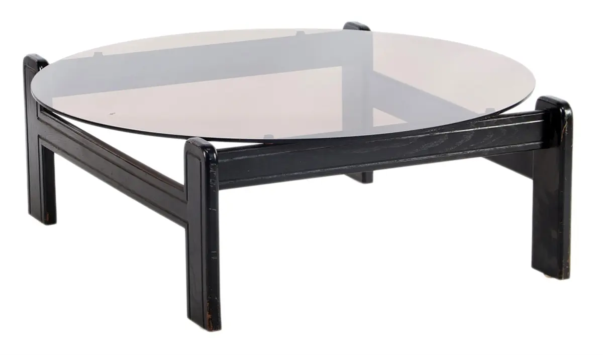 Gezwart eiken salontafel met rookglazen blad