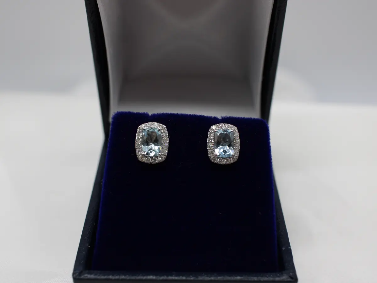 9K GOLD, AQUAMARINE & DIAMOND EAR STUDS.