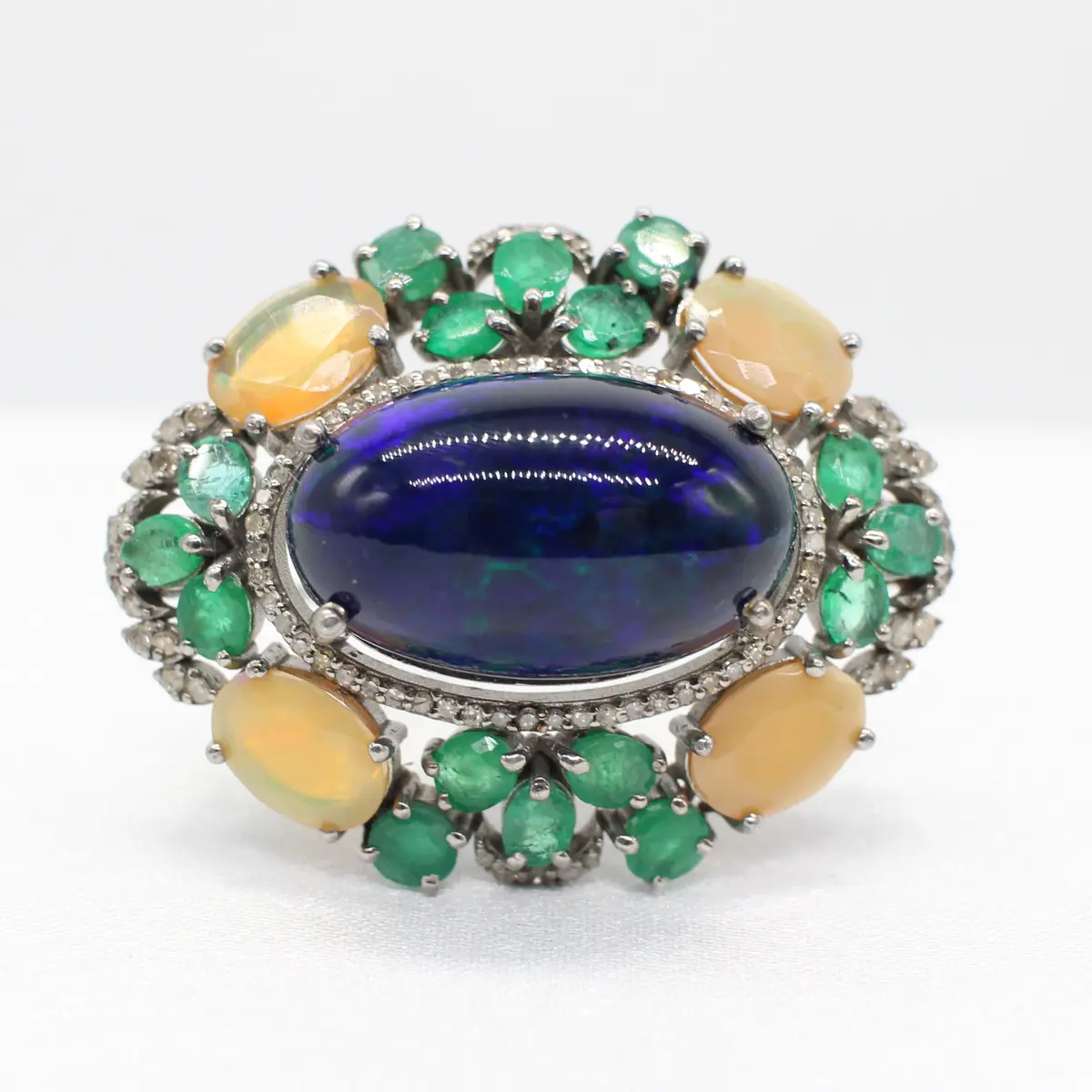 OPAL, EMERALD & DIAMOND BROOCH.