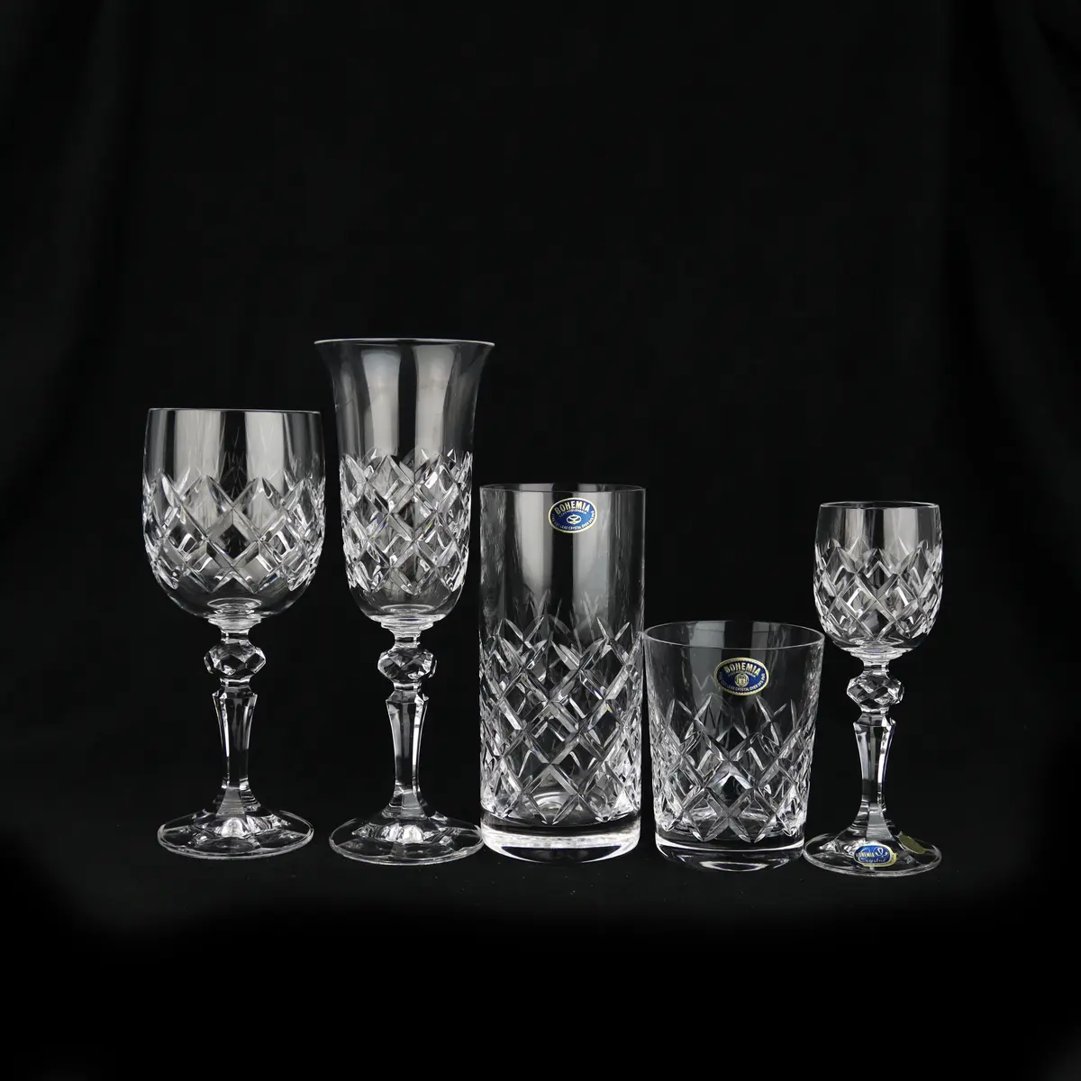 GLASSERVIS, 60 delar, slipat rutmönster, octagon fot, "Bohemia" Czechoslovakia