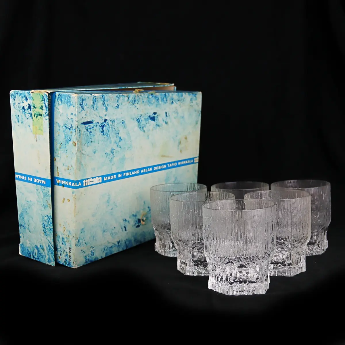 TAPIO WIRKKALA. Whiskeyglas, 6 st, "Aslak" i originalkartong, Iittala, Finland.