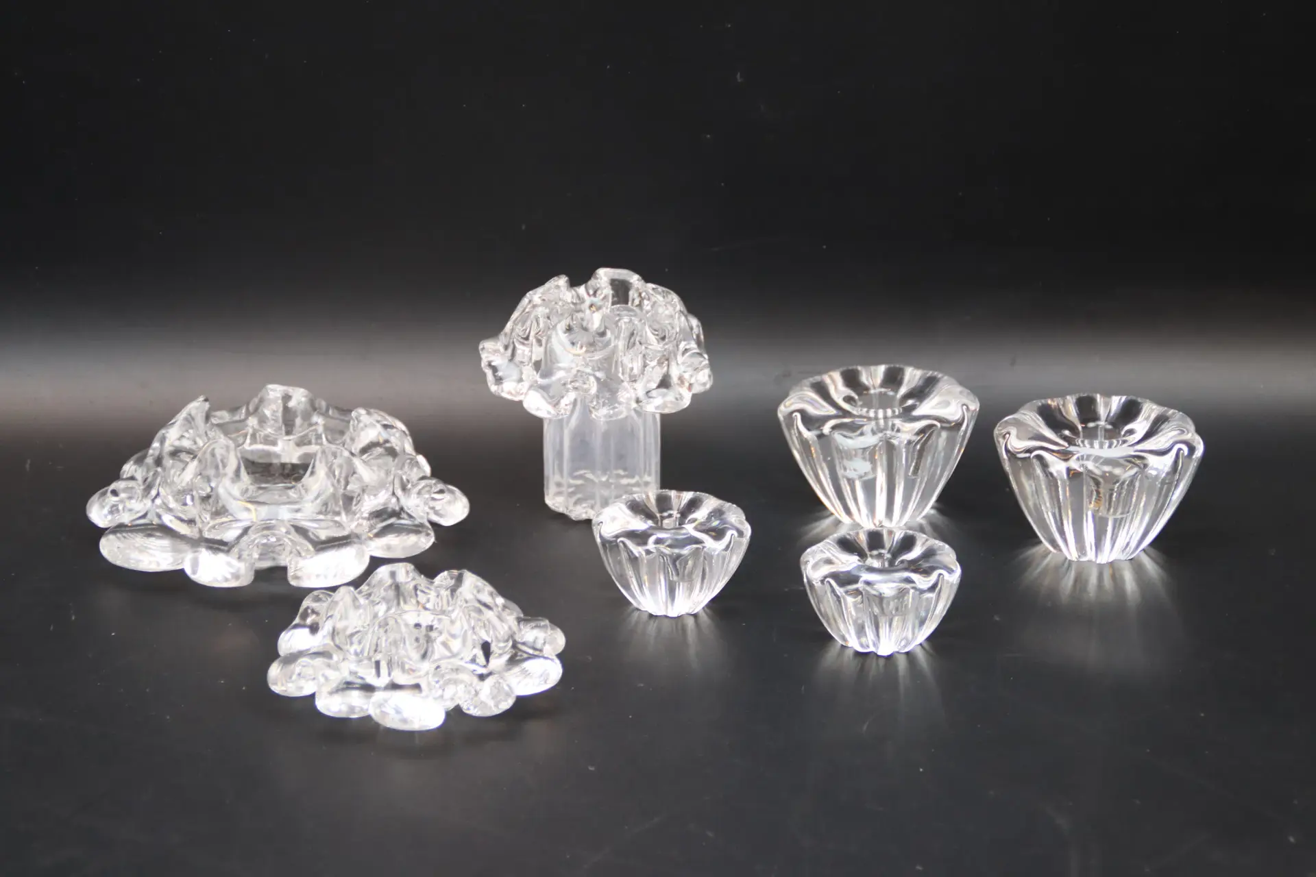 Candelabri, 7 pezzi, vetro, Orrefors, Göran Wärff e Sven Palmqvist.