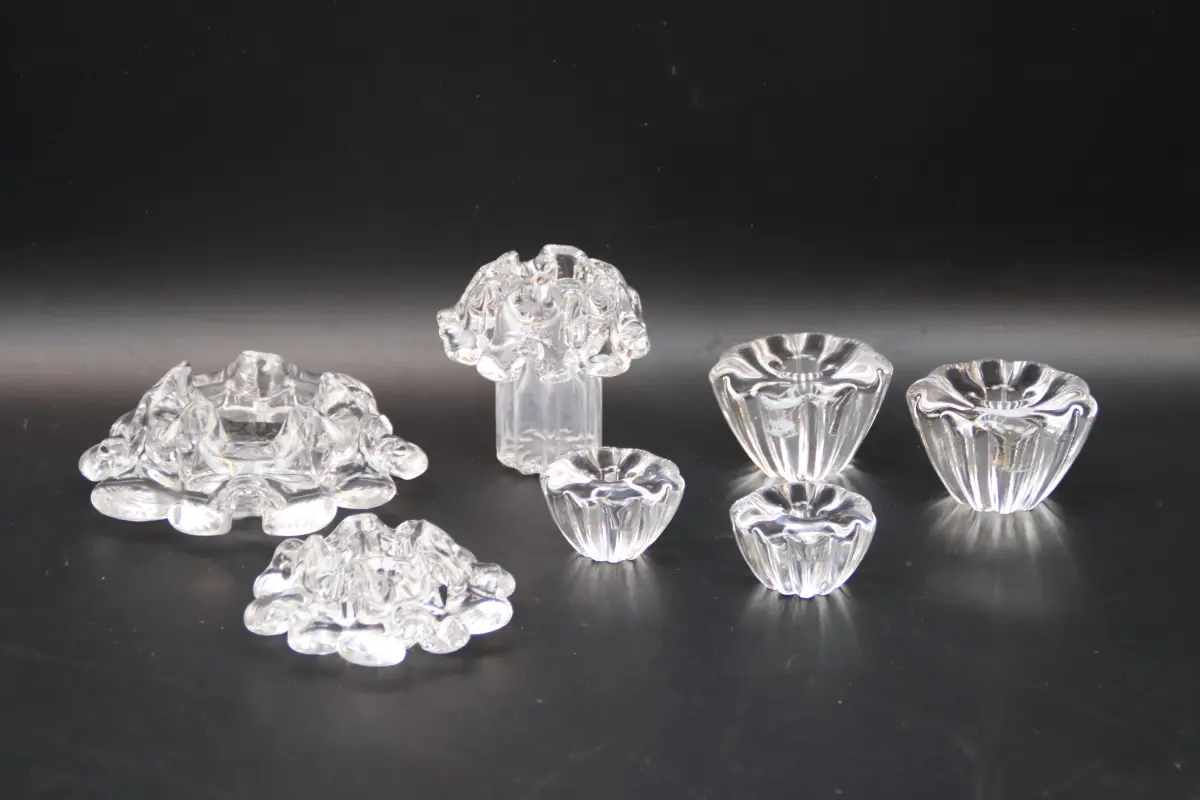 Candelabri, 7 pezzi, vetro, Orrefors, Göran Wärff e Sven Palmqvist.
