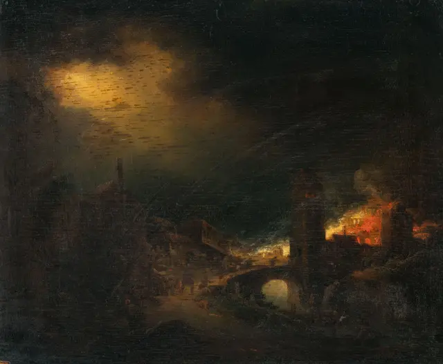 A fire raging in a town by the river Johann Georg Trautmann