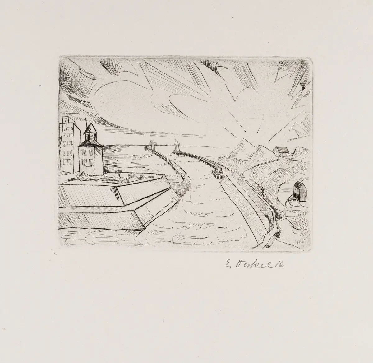 3 sheets: Man fishing – ‘Street in Ostend’ – harbour entrance in Ostend