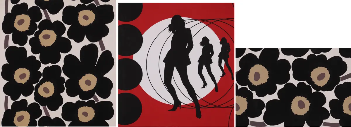 VÄGGDEKORATION, 3 st, textilier uppspända på platta, bla Marimekko.