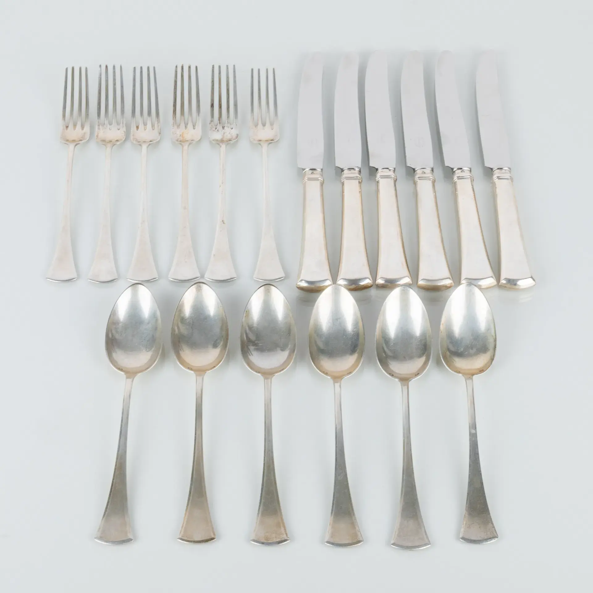 POSATE, 18 pezzi, argento, anni 1900, per 6 persone