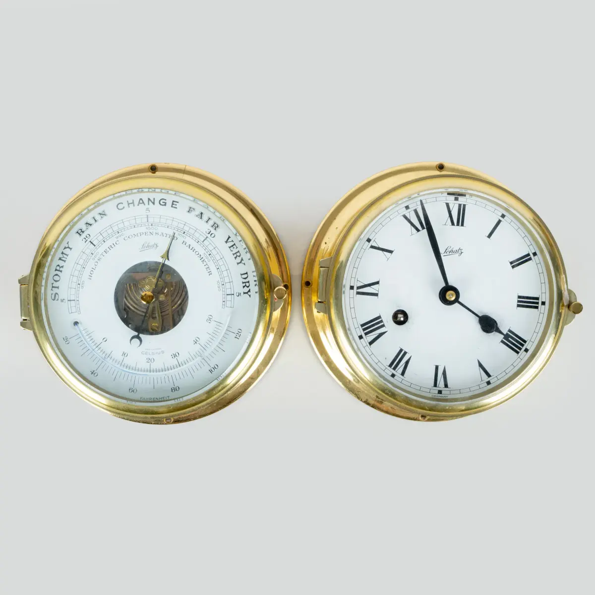 OROLOGIO E BAROMETRO DI NAVE, ottone, Schatz, fine del 1900
