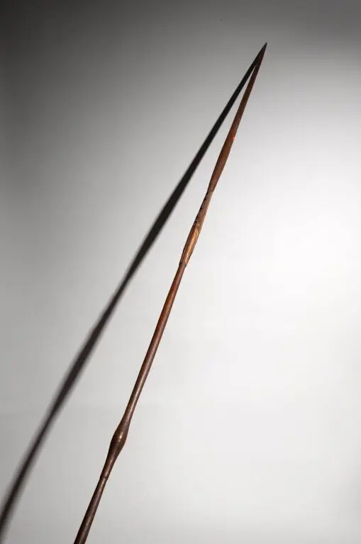 A rare spear adorned with a delicate carving of two intertwined animals.