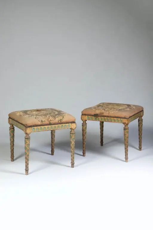 Pair of wooden stools with a cream and green lacquer finish; the four