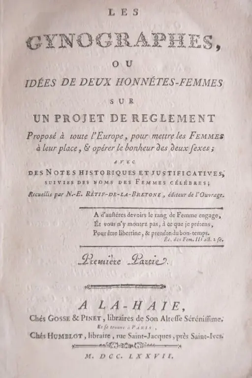 RESTIF DE LA BRETONNE, Nicolas-Edme. *Les Gynographes, or Thoughts